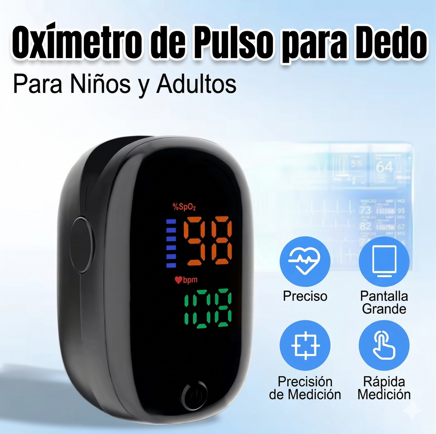 Oxímetro de Pulso Digital con Pletismógrafo e Índice de Perfusión, Monitor de Oxígeno en Sangre, Frecuencia Cardíaca e Índice de Perfusión.